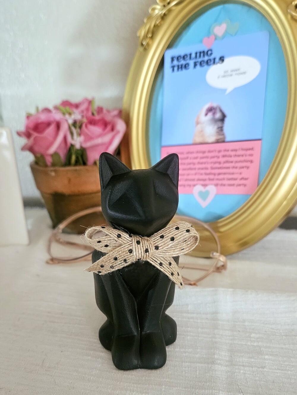 Matte Black Ceramic Cat Figurine with Polka Dot Bow